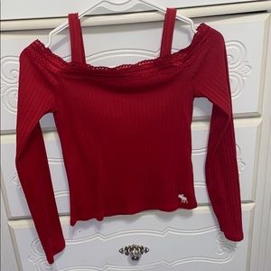 red off the shoulder long sleeve with red lace